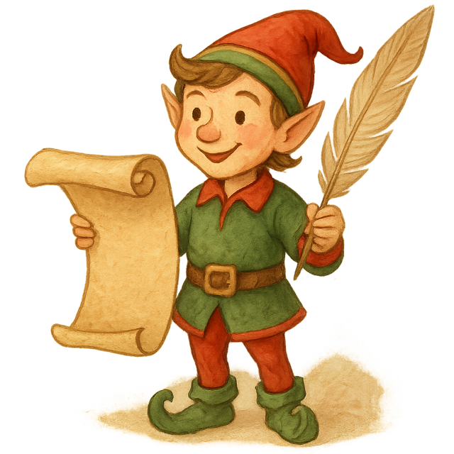 Friendly Christmas elf holding a scroll